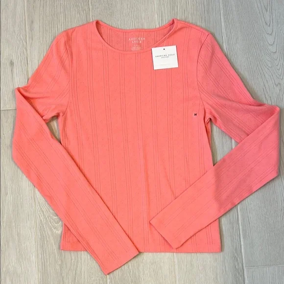American Eagle Outfitters Pink Ribbed Long Sleeve Tee - Picture 1 of 3